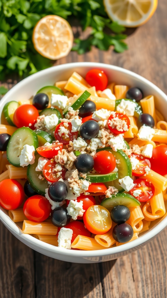 A colorful Mediterranean tuna pasta salad with cherry tomatoes, cucumbers, olives, and feta on a rustic wooden table.